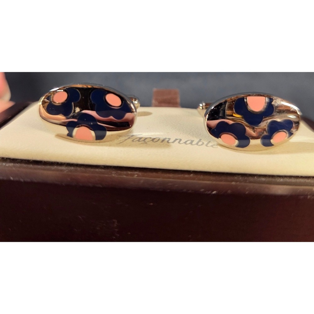 Faconnable Mens Floral Enamel Oval Cufflinks Navy Blue Coral Pink Silver Tone